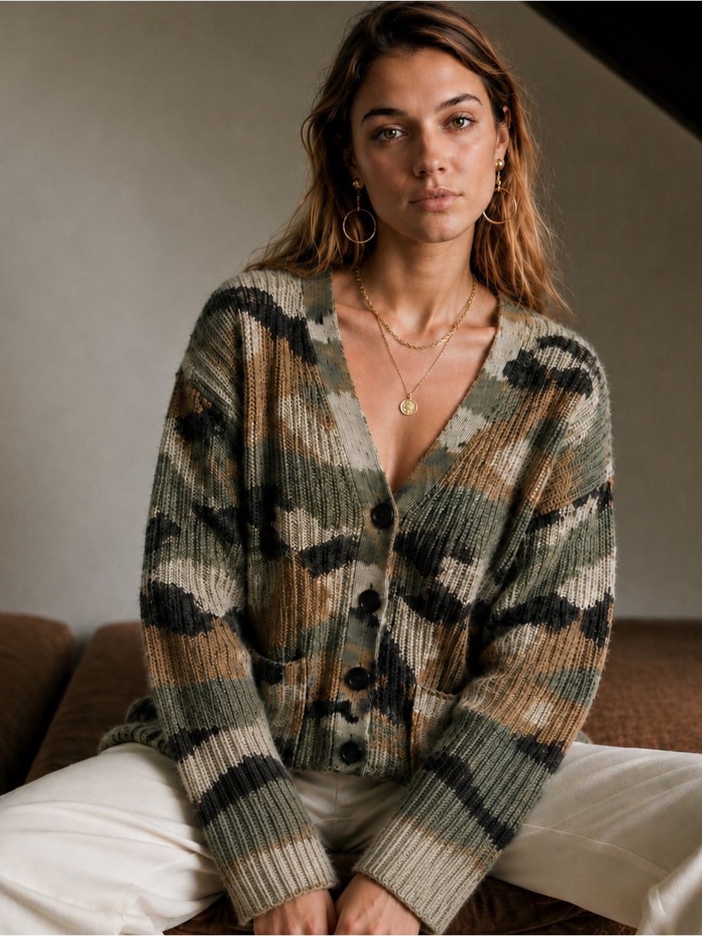 360 Cashmere 100% Cashmere Camo V-Neck Cardigan Sweater XS Boxy Fit